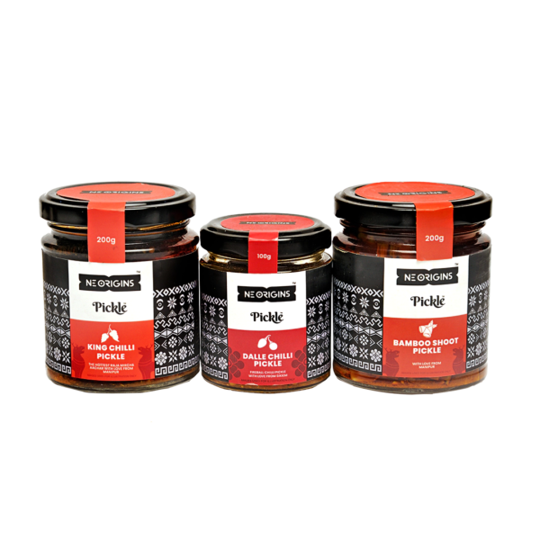NE Origins Pickle Sampler Box: King Chilli Pickle, Dalle Chilli Pickle and Bamboo Shoot Pickle jars